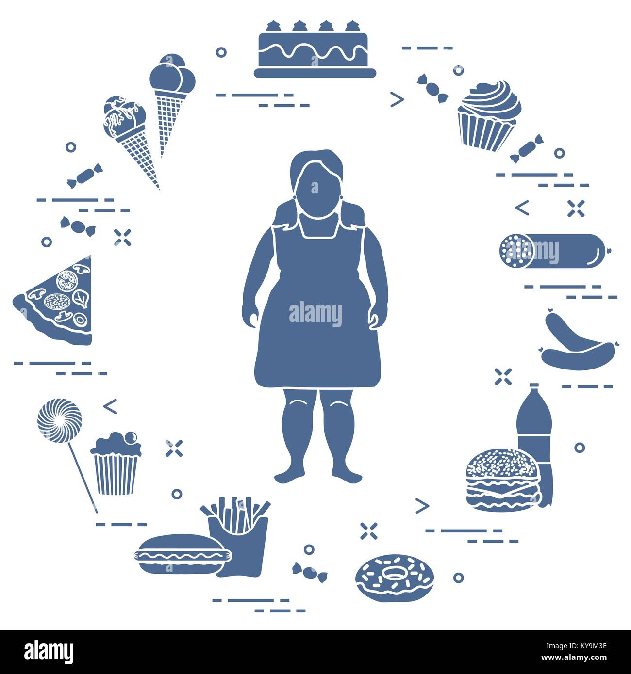 Fat girl with unhealthy lifestyle symbols around her. Harmful eating