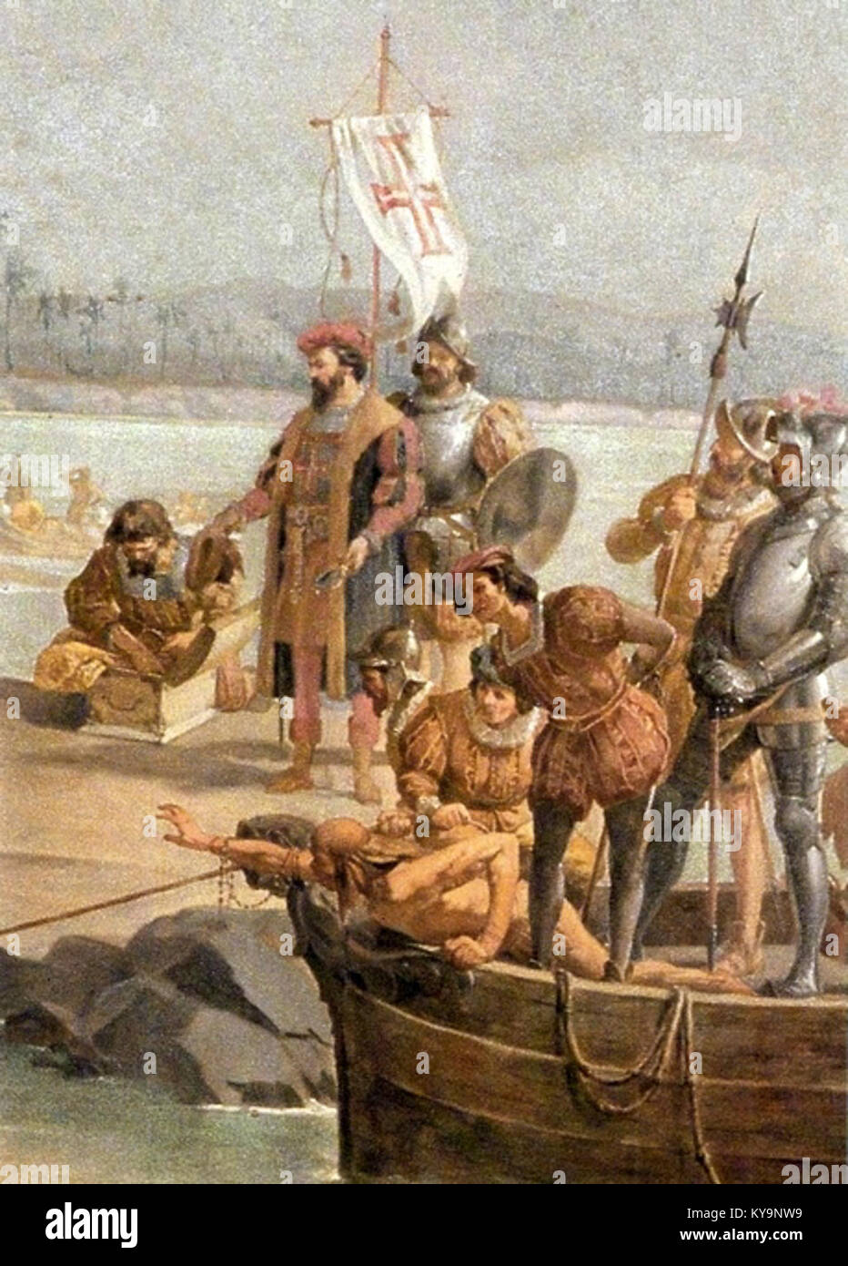 Oscar Pereira da Silva - Desembarque de Pedro Álvares Cabral em Porto Seguro em 1500 (detalhe) Stock Photo