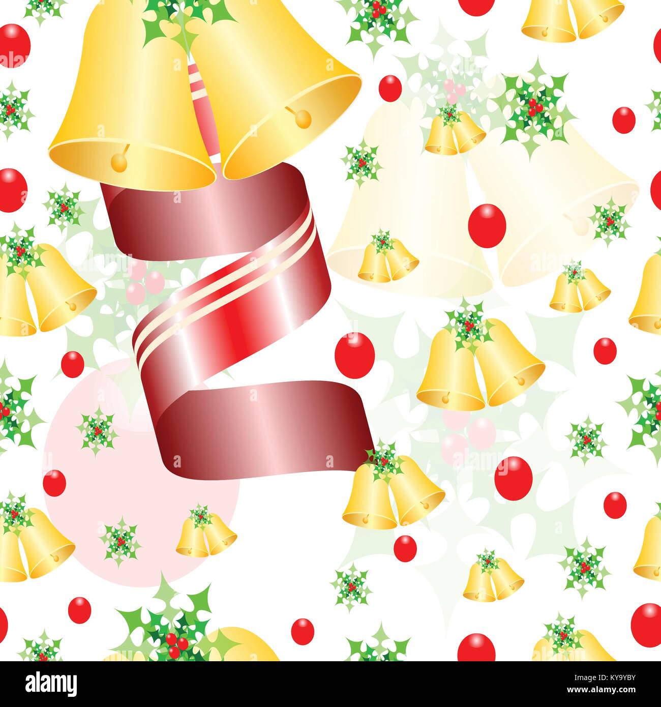 seamless pattern with Christmas bells, mistletoe and red ribbon Stock ...