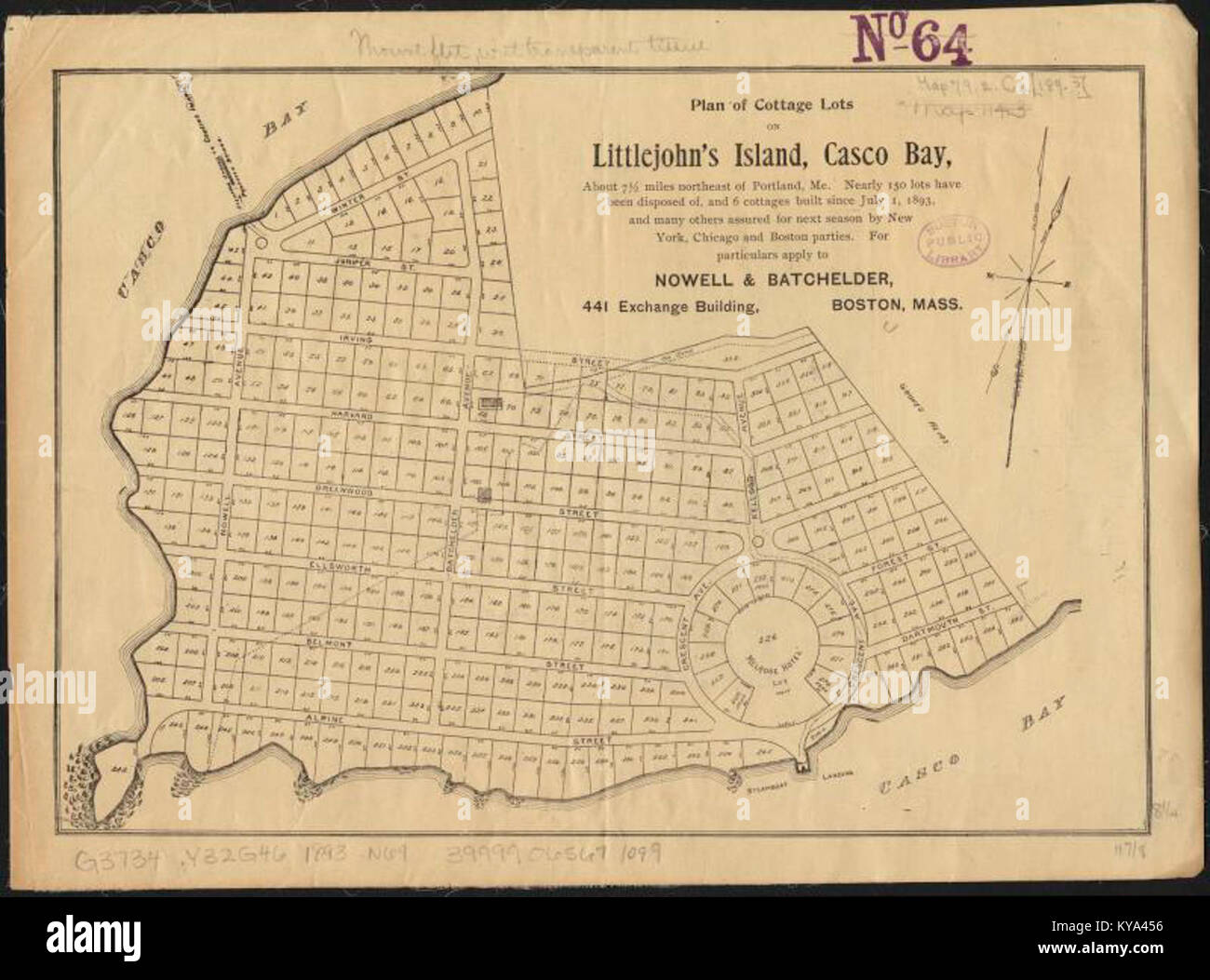 This plan shows the layout of cottage lots on Littlejohn's Island in Casco Bay, Maine, illustrating property divisions, geographic features, and development planning. Stock Photo