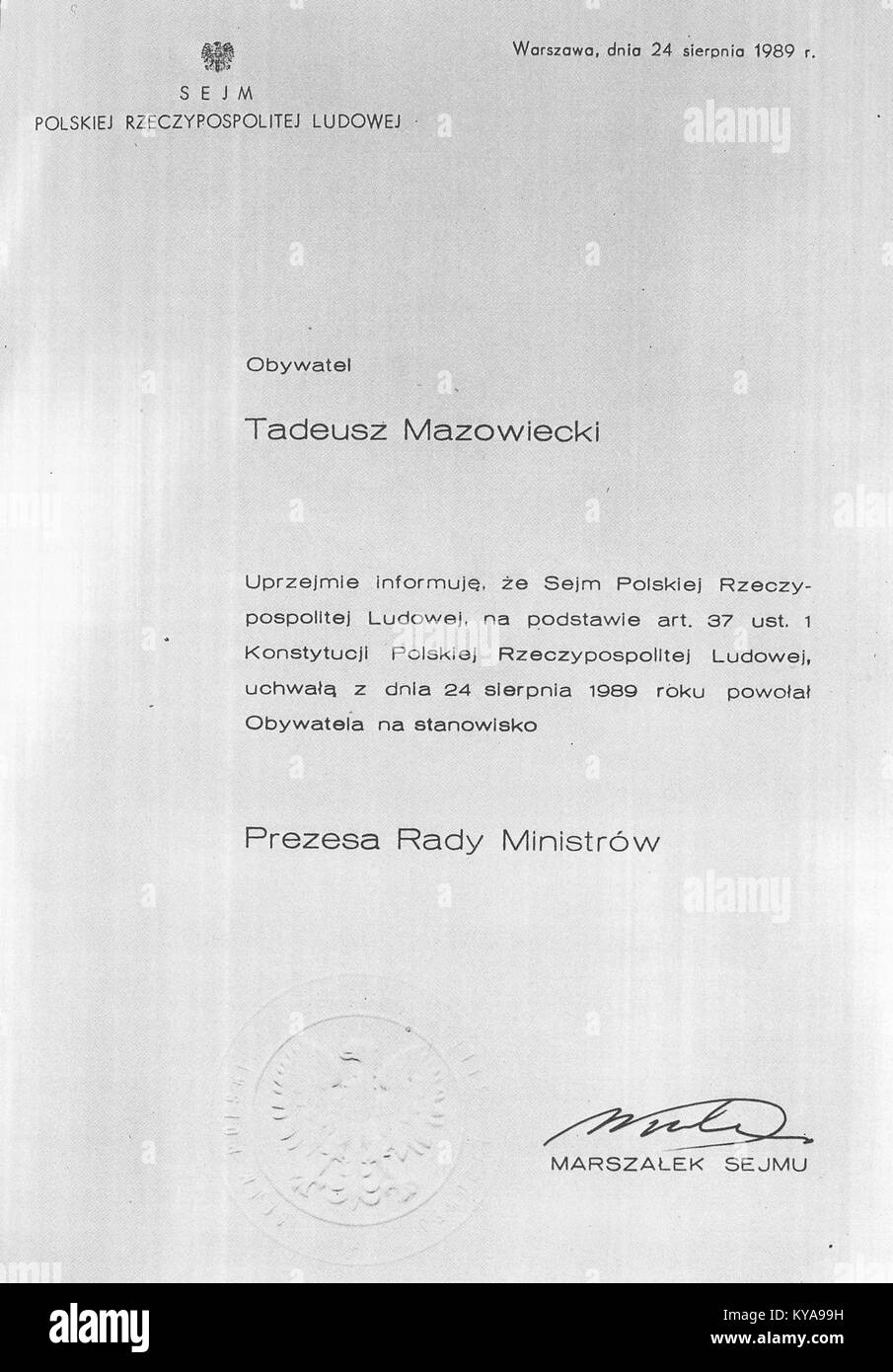 Tadeusz Mazowiecki Akt powołania na stanowisko Prezesa Rady Ministrów 24 sierpnia 1989 Stock Photo