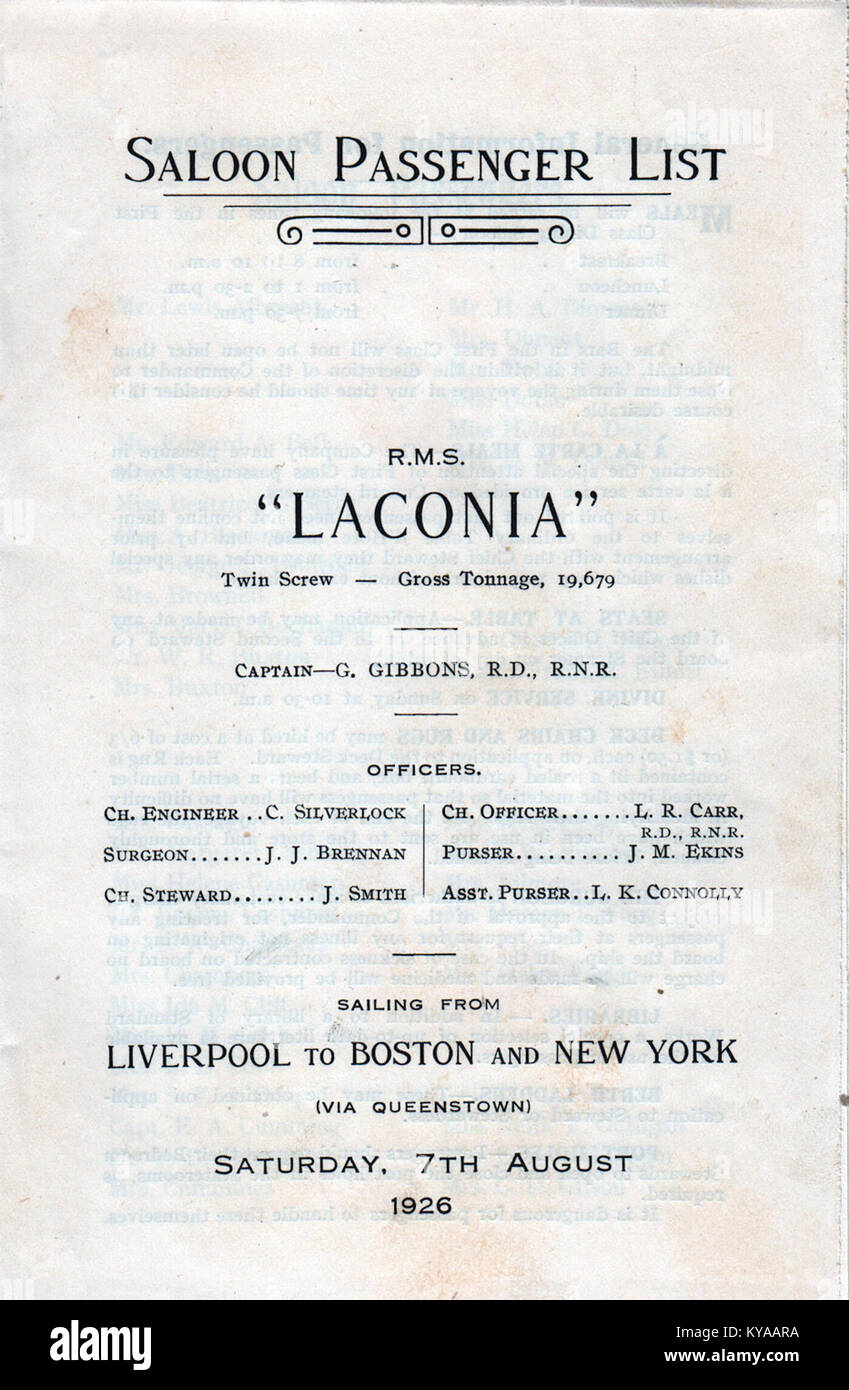 RMS 'Laconia' (1921) Saloon Passenger List 1926 Stock Photo