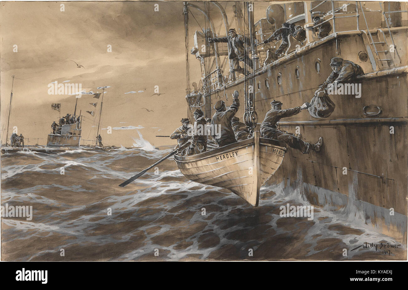 Willy Stöwer - Deutsches U-Boot begegnet britischer U-Boot Falle Headley (1917) Stock Photo