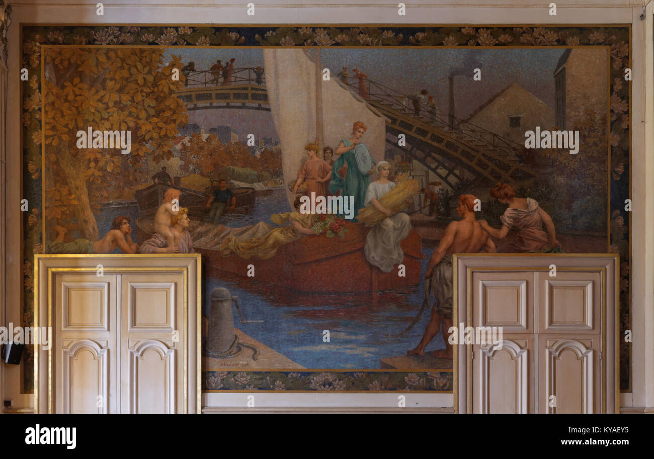 A 1906 artwork by Paul Baudoin, depicting the Allegory of the Canal Saint-Martin displayed at the 10th arrondissement town hall in Paris. Stock Photo