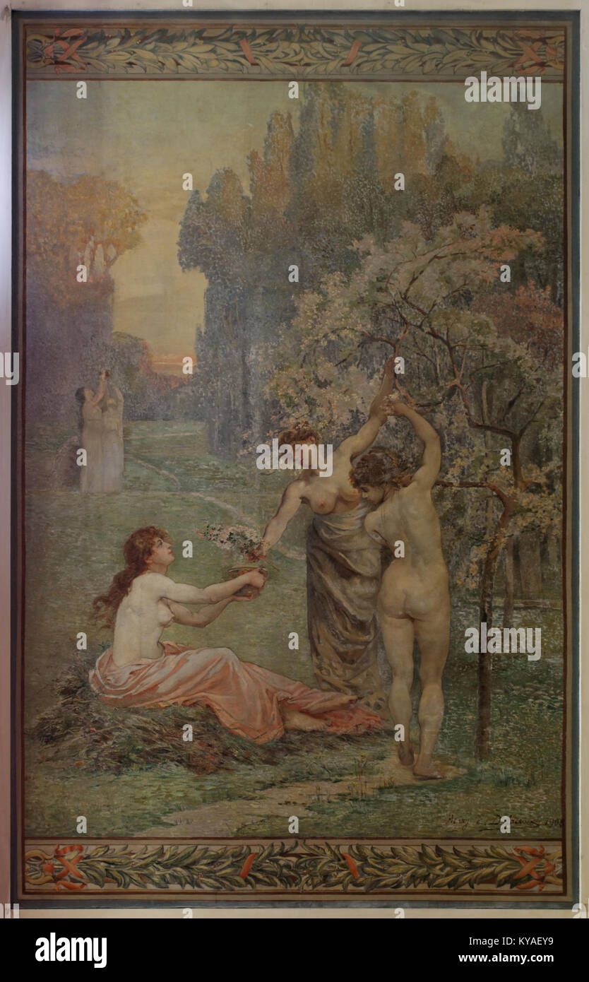 This painting 'L'Odorat' by Eugène Delacroix, displayed at the Paris City Hall (Mairie du 10e arrondissement), is one of the works in Delacroix's series exploring the five senses, depicting the sense of smell. Stock Photo