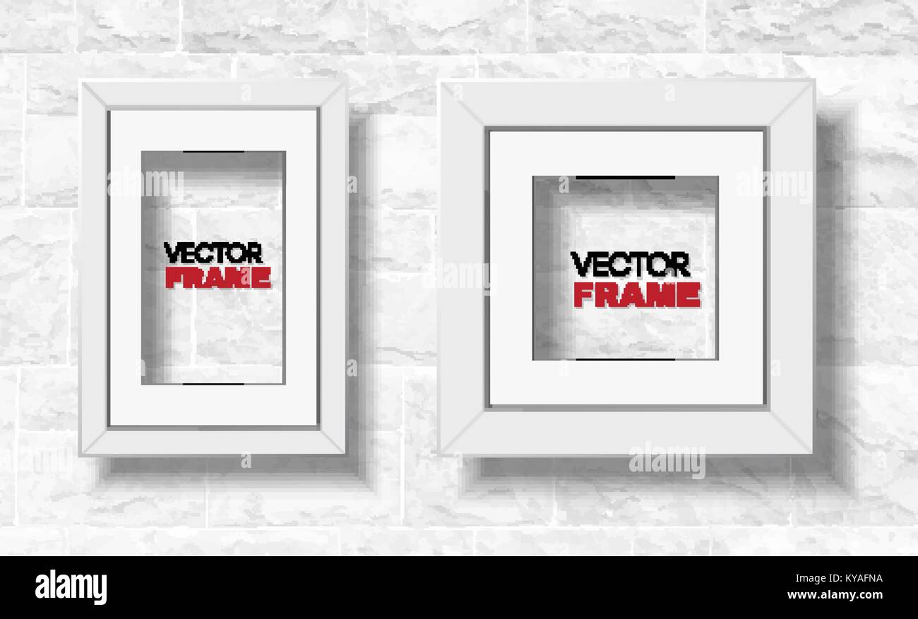 Set of two modern white picture frames hanged on white brick wall ...