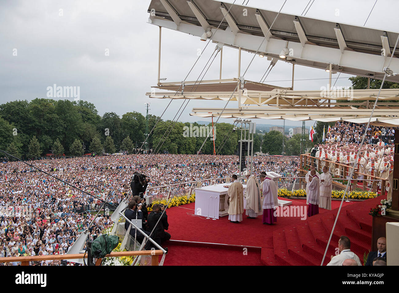 A photograph of Prime Minister Beata Szydło attending a Mass in Częstochowa, marking the 1050th anniversary of the Baptism of Poland, a significant religious and historical event in Polish history. Stock Photo