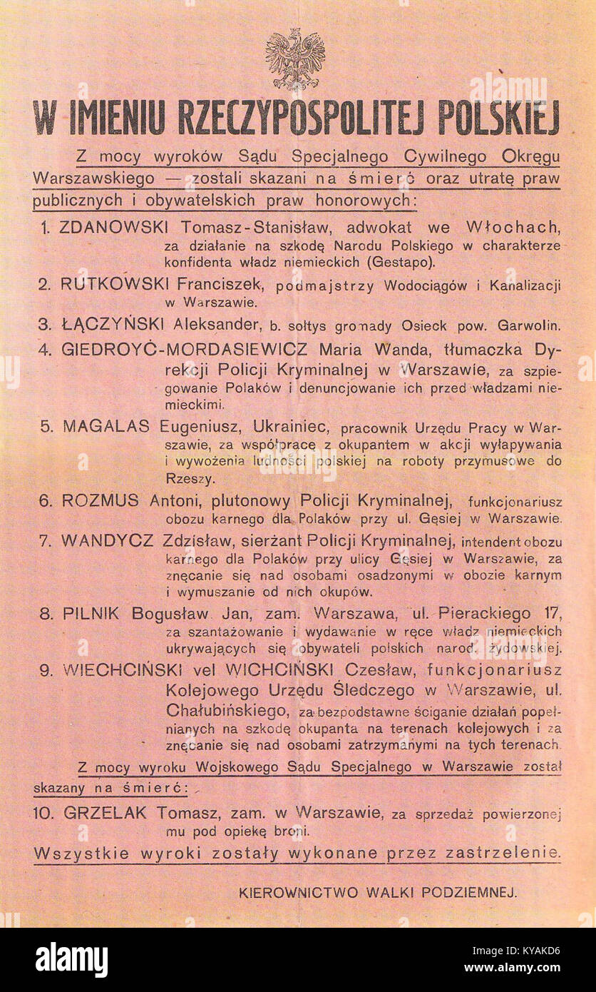 Plakat Kierownictwa Walki Podziemnej informujący o wykonanych wyrokach śmierci wrzesień 1943 Stock Photo