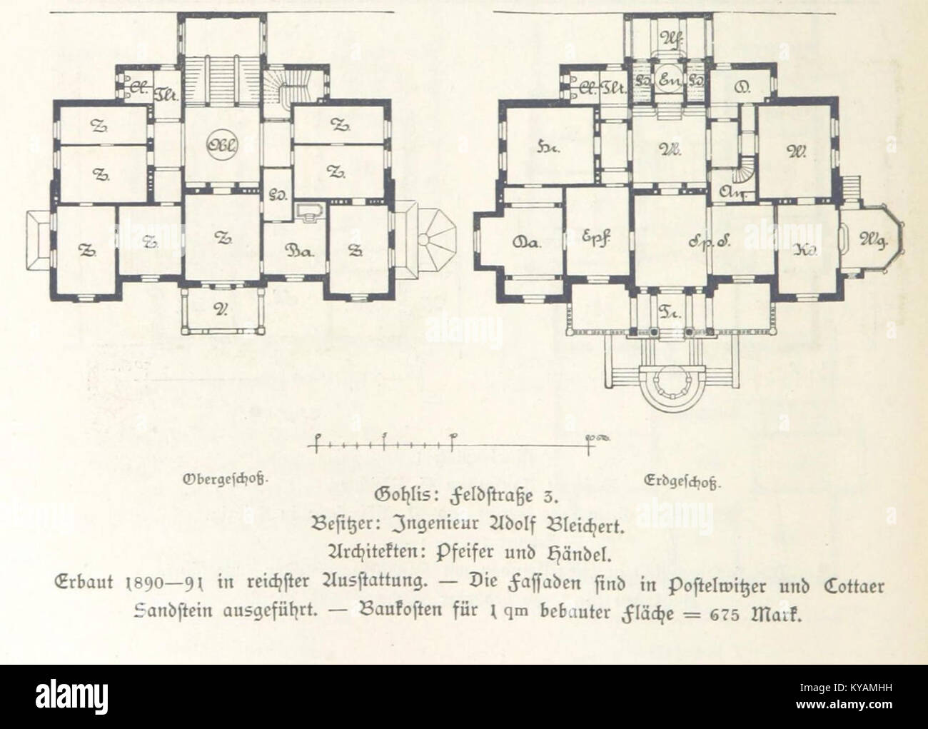 Villa Hilda (Leipzig, Lützowstraße 19) Adolf Bleichert (Pfeifer & Händel) Grundriss - leipzig und seine bauten (1892), S. 376 Stock Photo