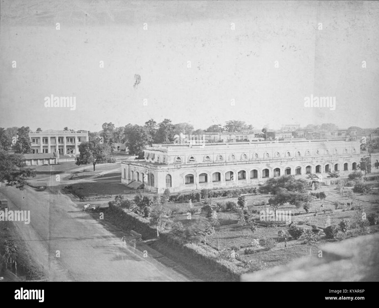 The old Dhaka College to the left and the old Court Building to the right taken in the 1870s Stock Photo
