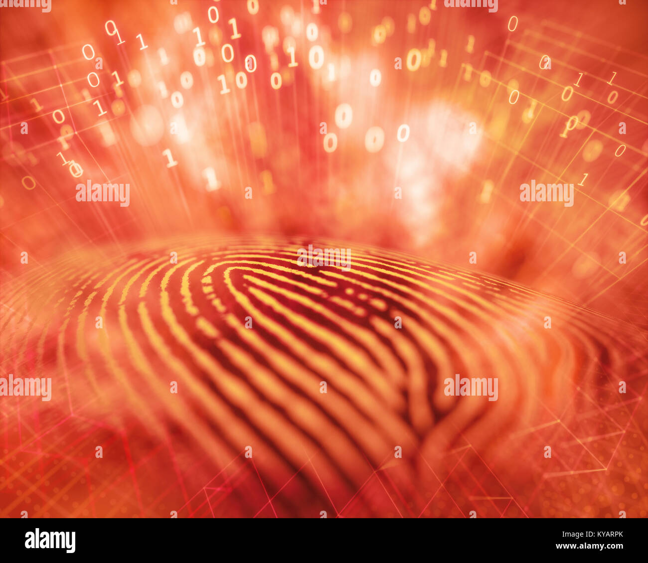 3D illustration. Fingerprint with explosion of binary codes, unauthorized access by hacker. Stock Photo