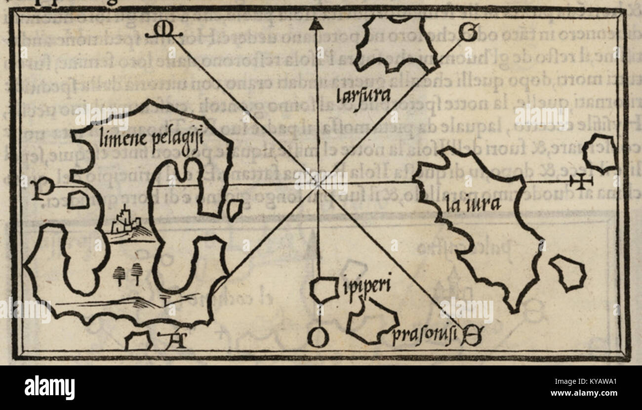 Map of Kyra Panagia and Gioura islands, and Piperi and Prasonisi islets in the Sporades - Bordone Benedetto - 1547 Stock Photo