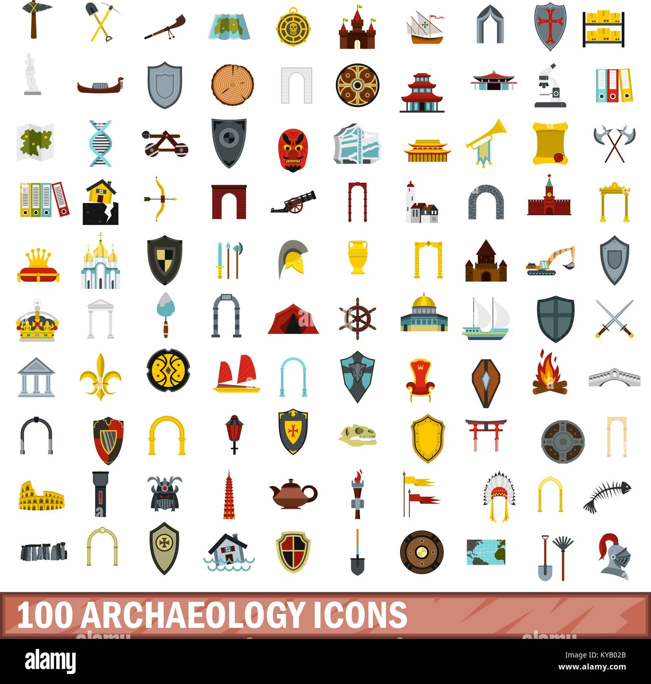 100 archaeology icons set in flat style for any design vector ...
