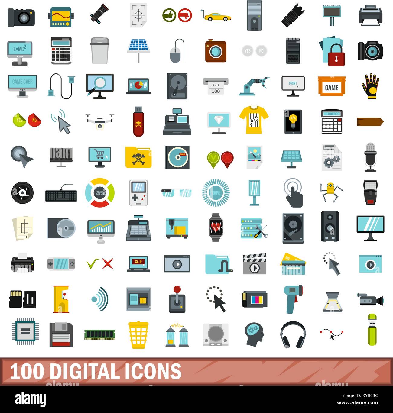 100 digital icons set in flat style for any design vector illustration ...