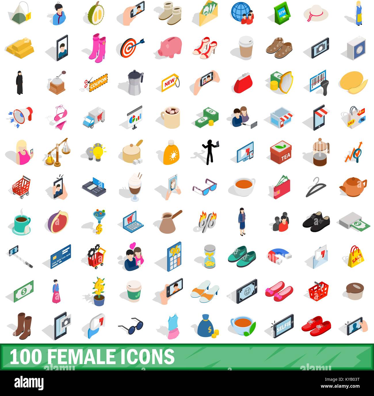 100 female icons set in isometric 3d style for any design vector ...