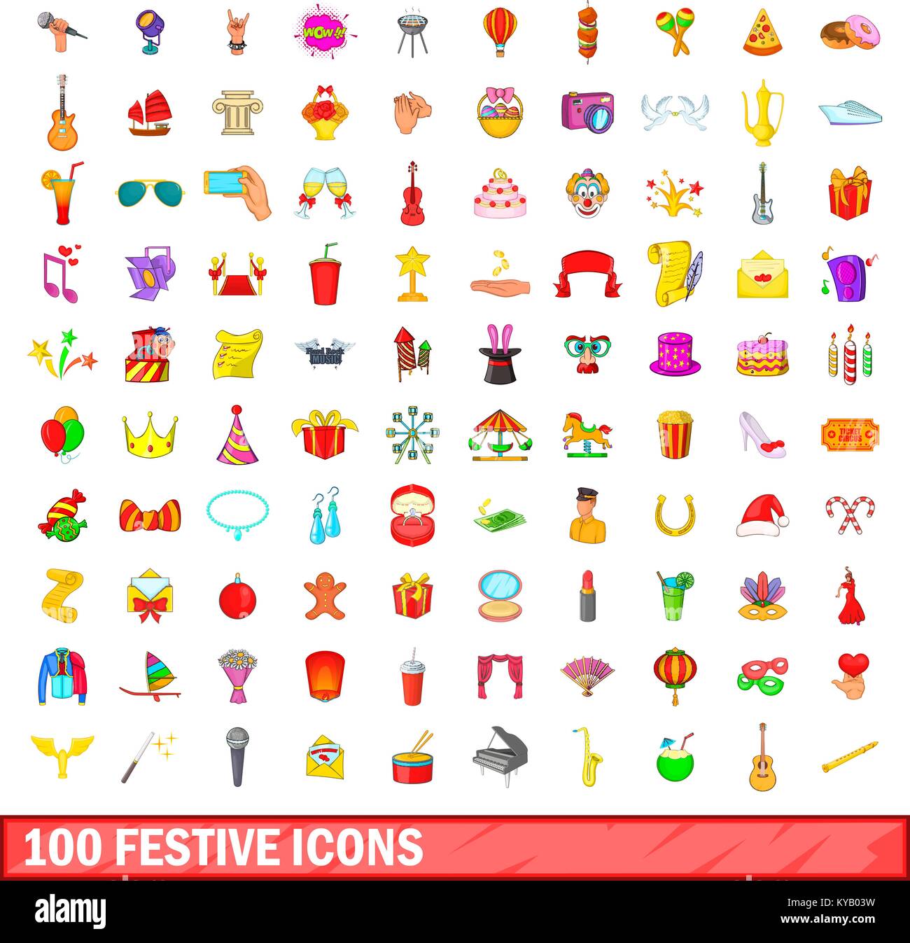 100 festive icons set in cartoon style for any design vector ...