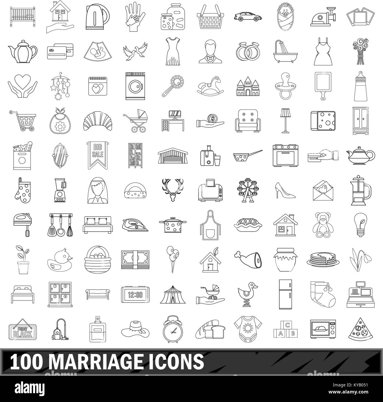100 marriage icons set in outline style for any design vector illustration Stock Vector