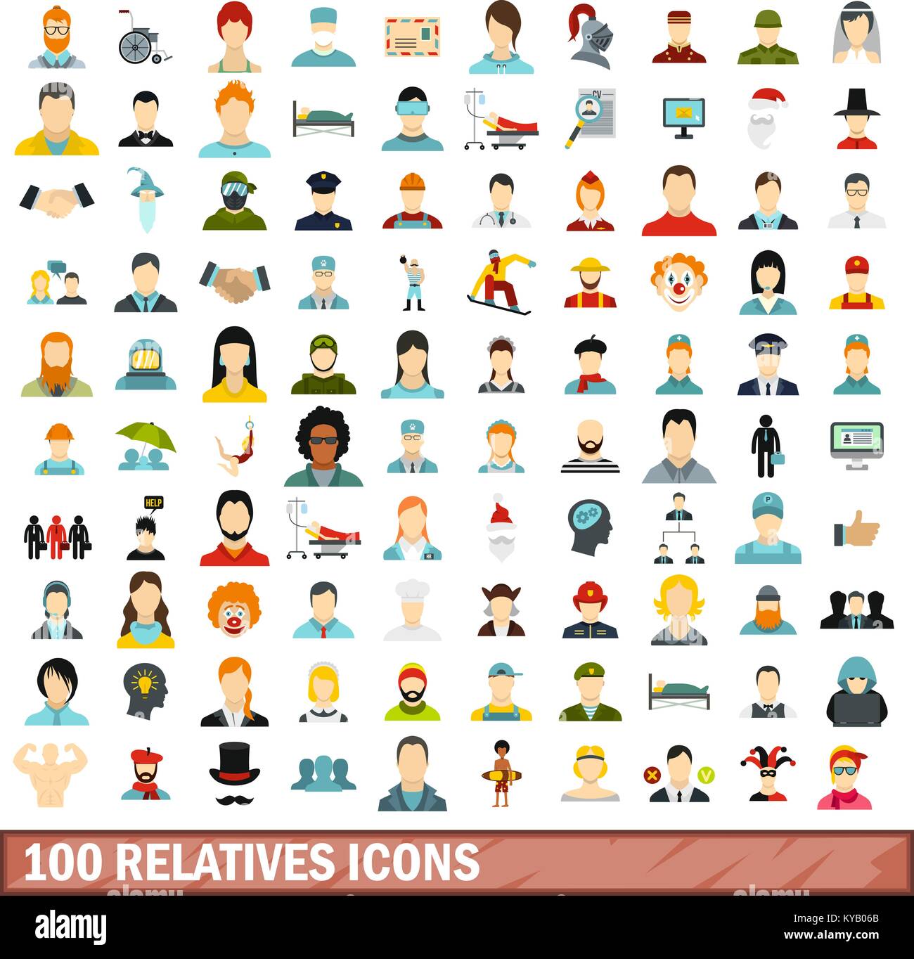 100 relatives icons set in flat style for any design vector ...