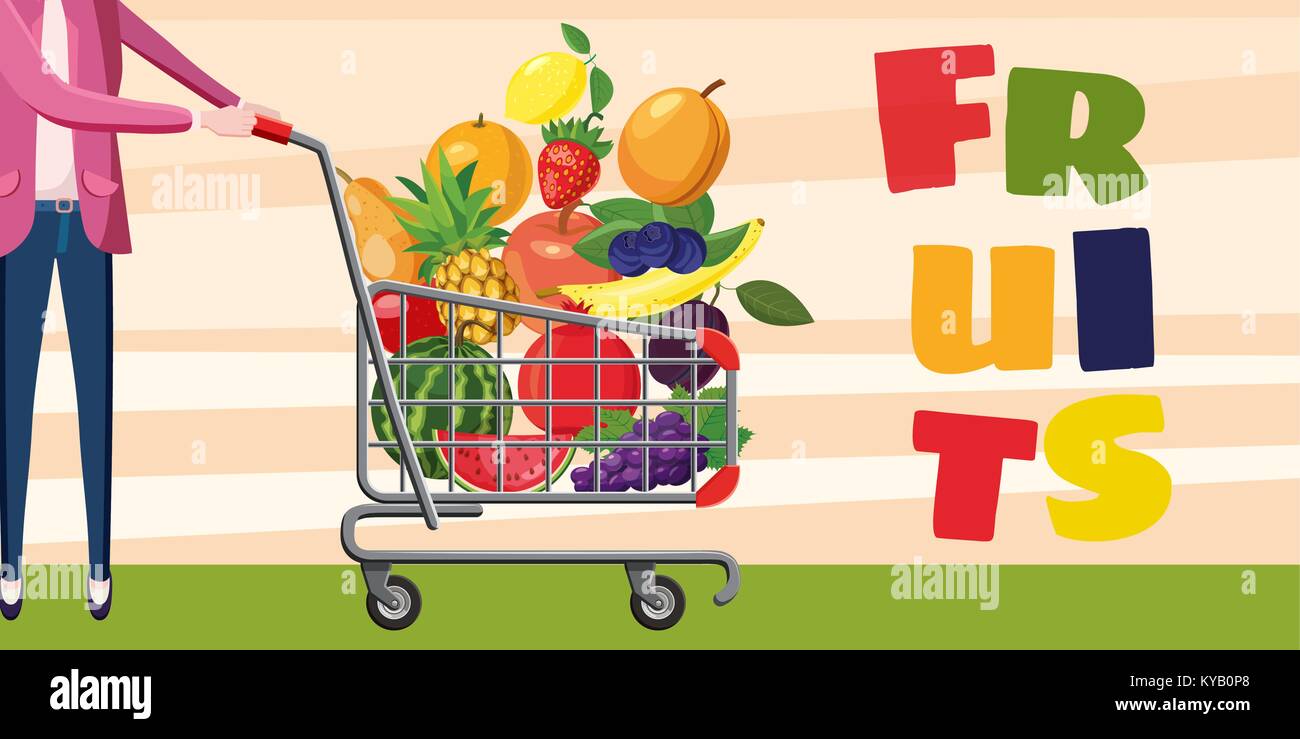 Fruits, horizontal banner concept buyer with shopping cart. Cartoon  illustration of fruits shopping cart vector horizontal banner for web Stock  Vector Image & Art - Alamy