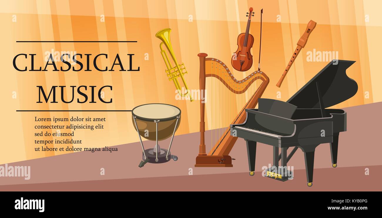 Classical music horizontal concept. Cartoon illustration of classical music banner horizontal vector for web Stock Vector