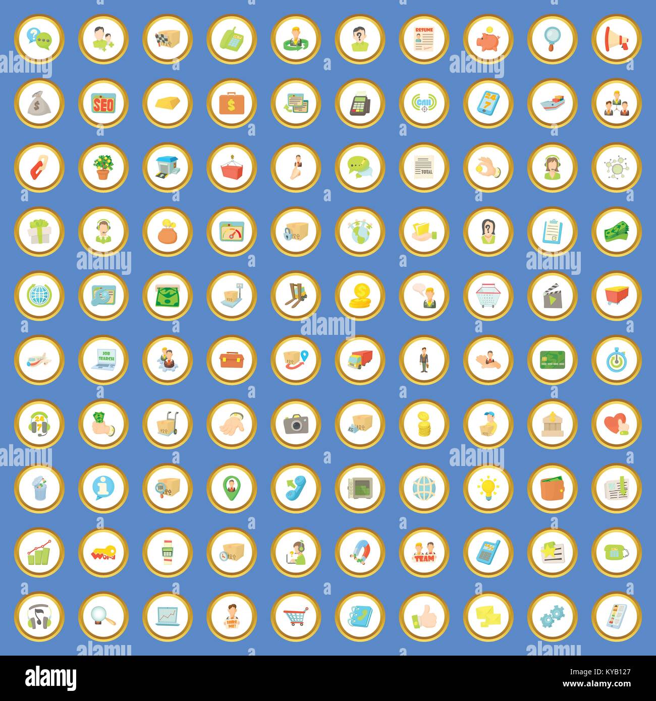 100 business icons circle set on blue background cartoon style vector ...