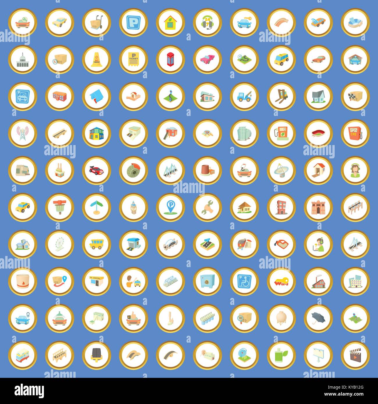 100 city elements icons circle set on blue background cartoon style ...