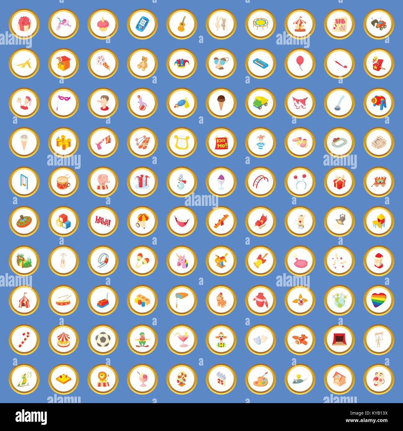 100 joy icons circle set on blue background cartoon style vector illustration Stock Vector