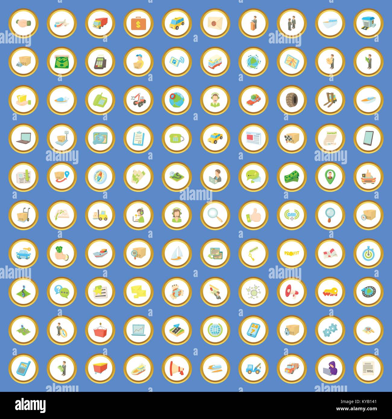 100 logistic icons circle set on blue background cartoon style vector ...