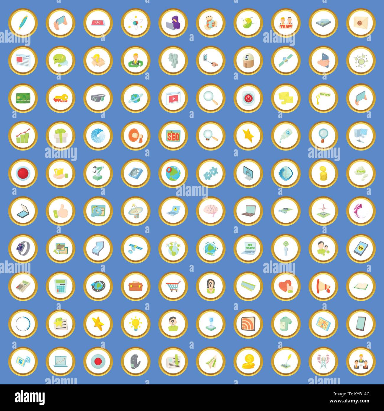 100 network icons circle set on blue background cartoon style vector ...