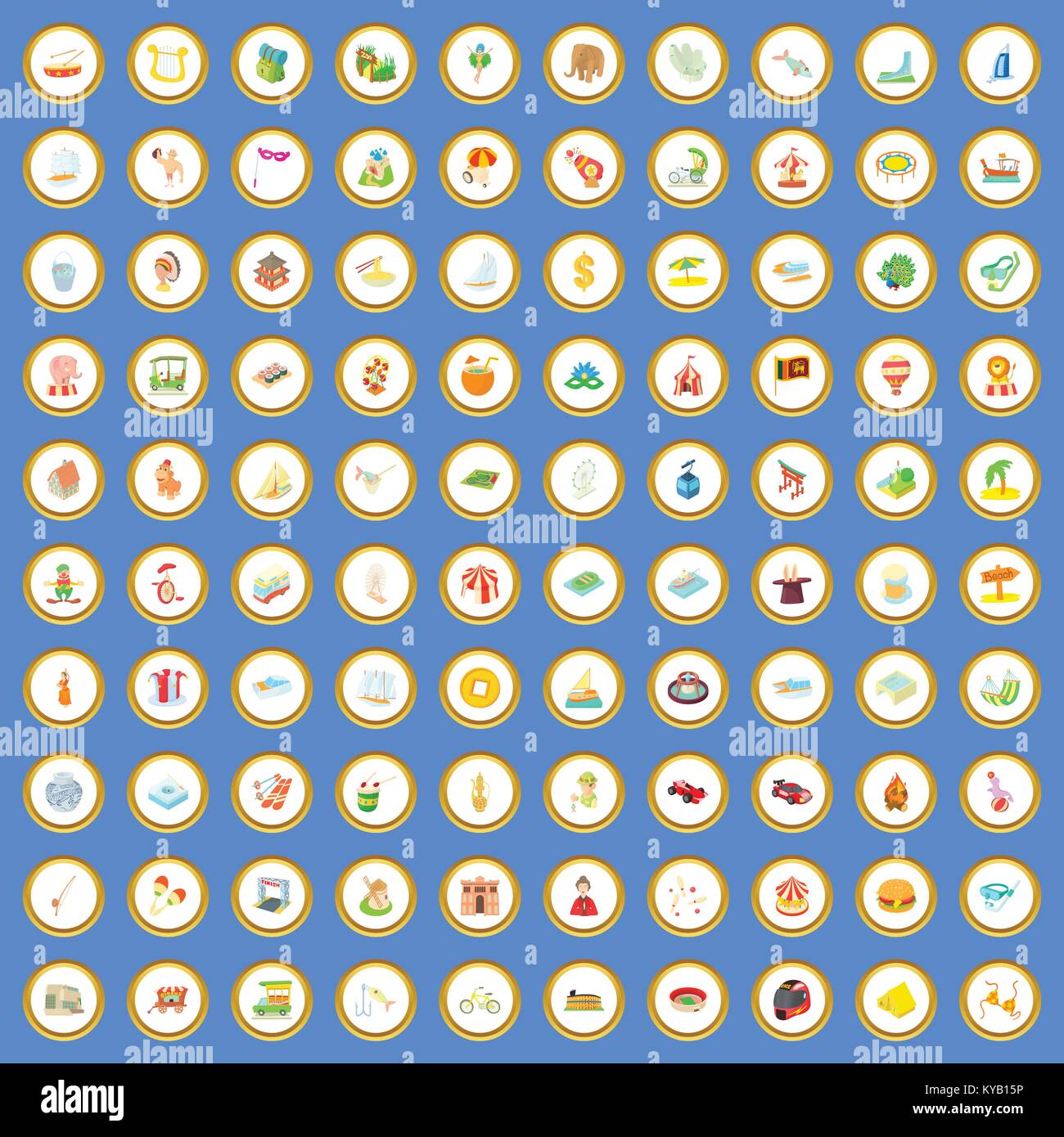 100 tourism icons circle set on blue background cartoon style vector ...