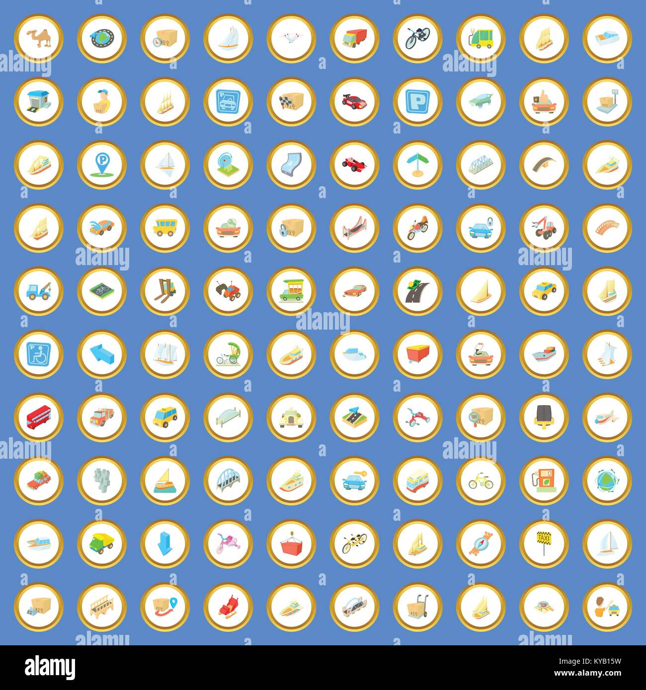 100 traffic icons circle set on blue background cartoon style vector ...