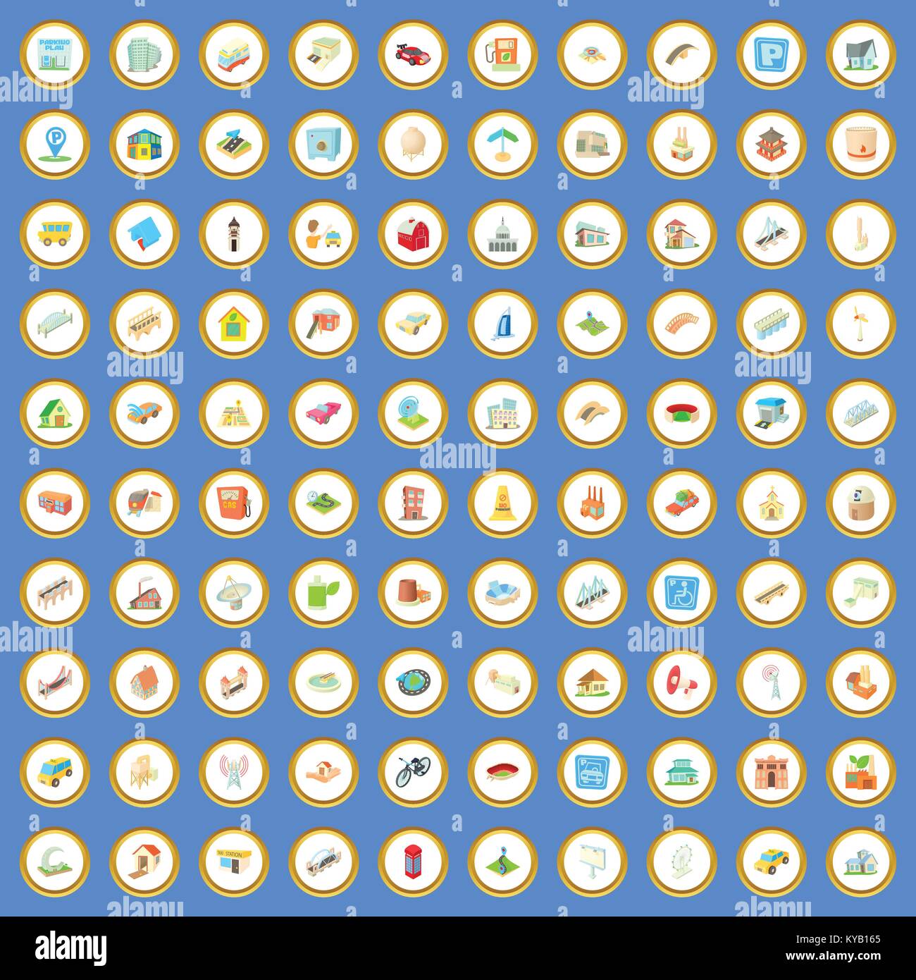100 urban icons circle set on blue background cartoon style vector ...