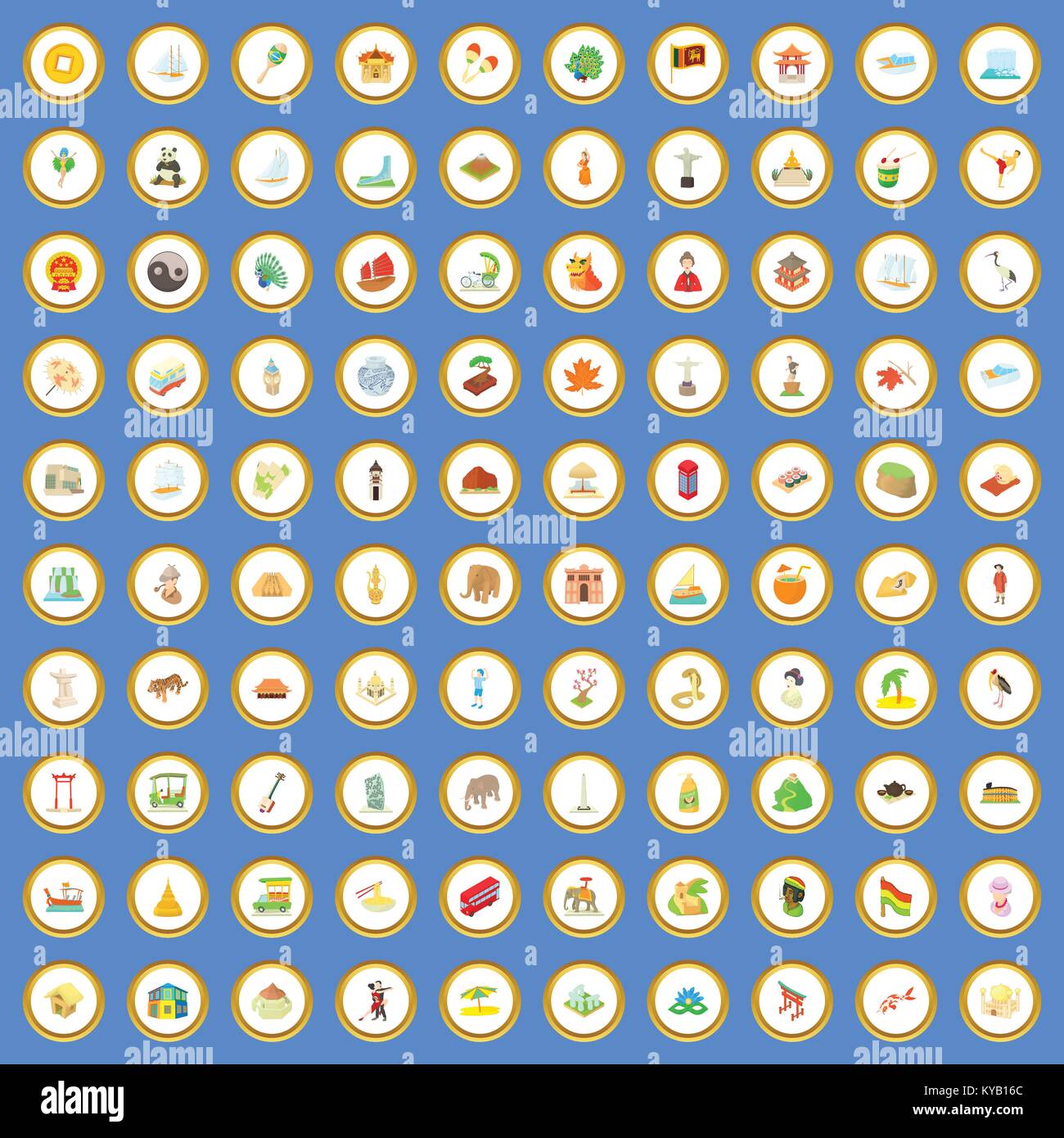 100 world tour icons circle set on blue background cartoon style vector ...