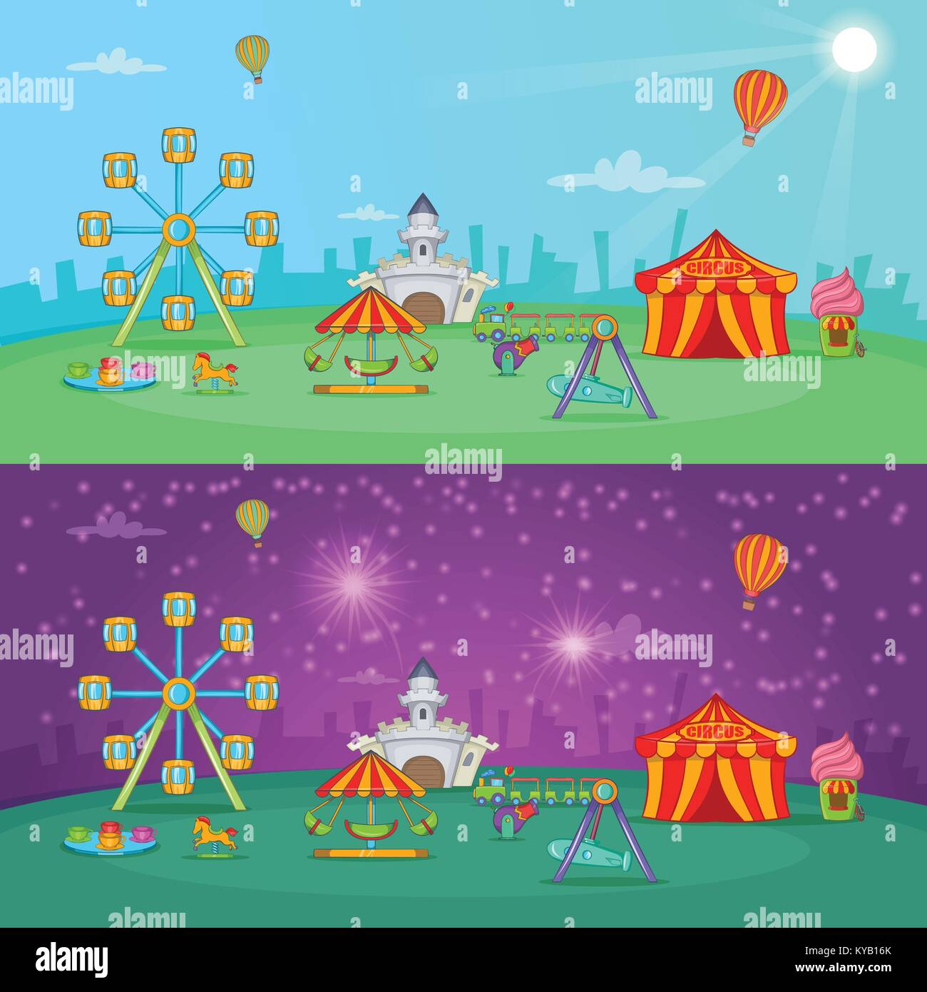 Circus Banner Set Horizontal Day And Night In Cartoon Style For