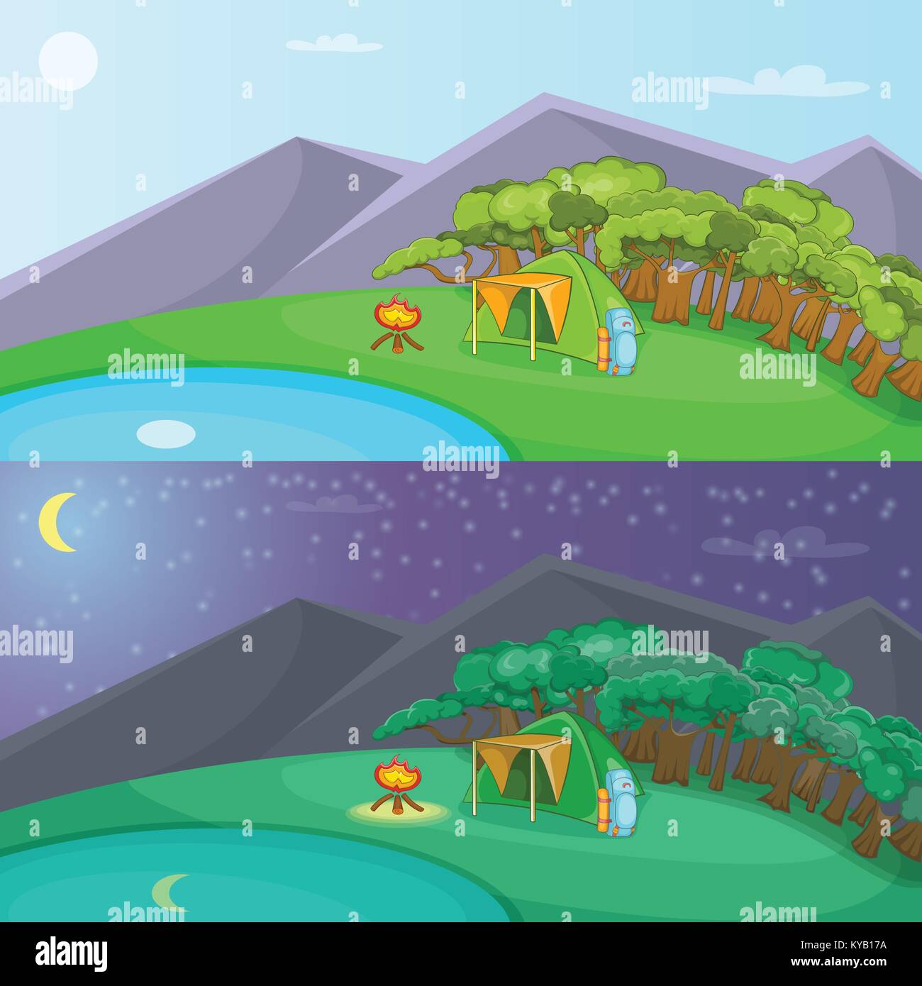 Camping Banner Set Horizontal Day And Night In Cartoon Style For