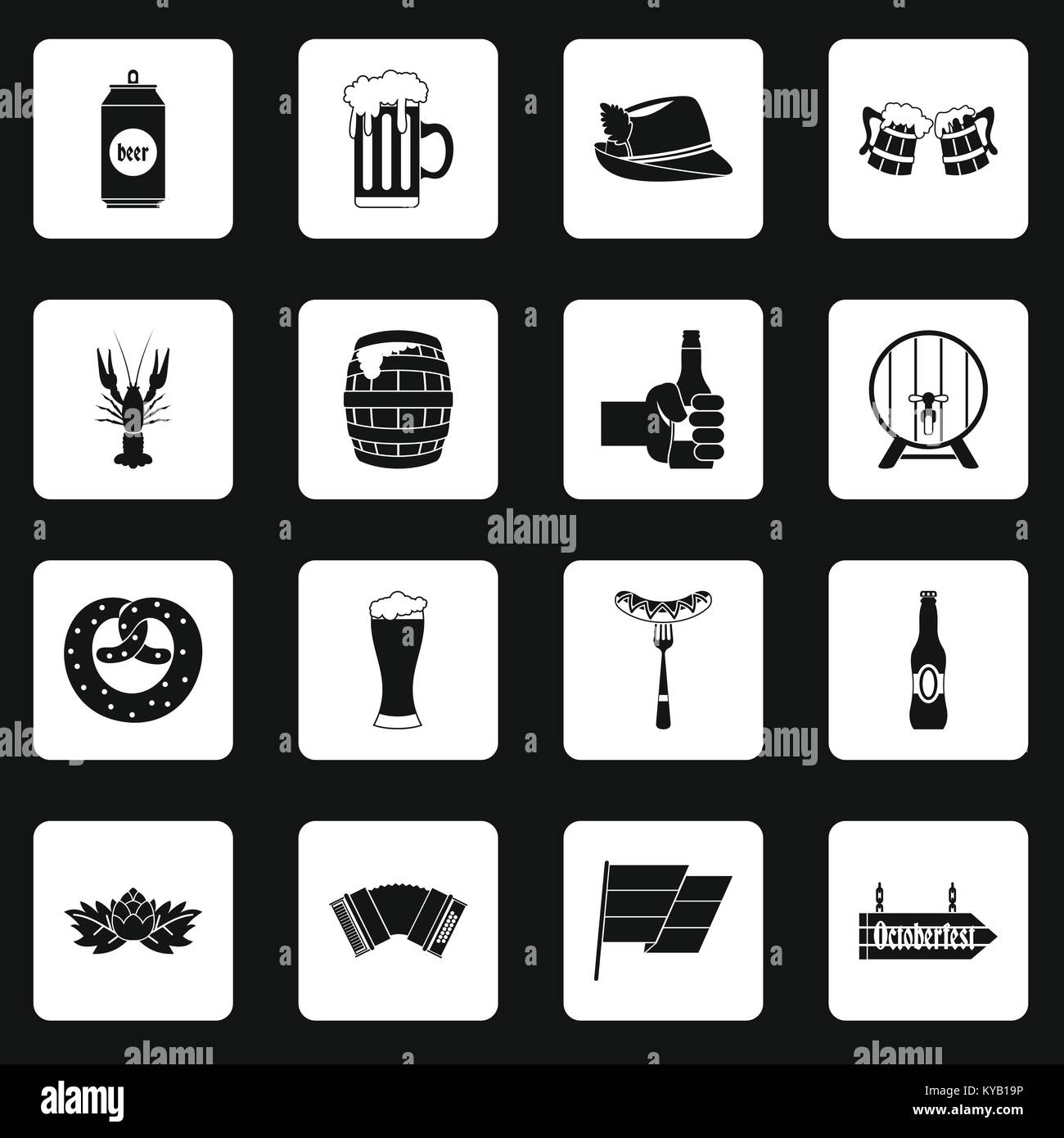 Oktoberfest icons set in white squares on black background simple style ...