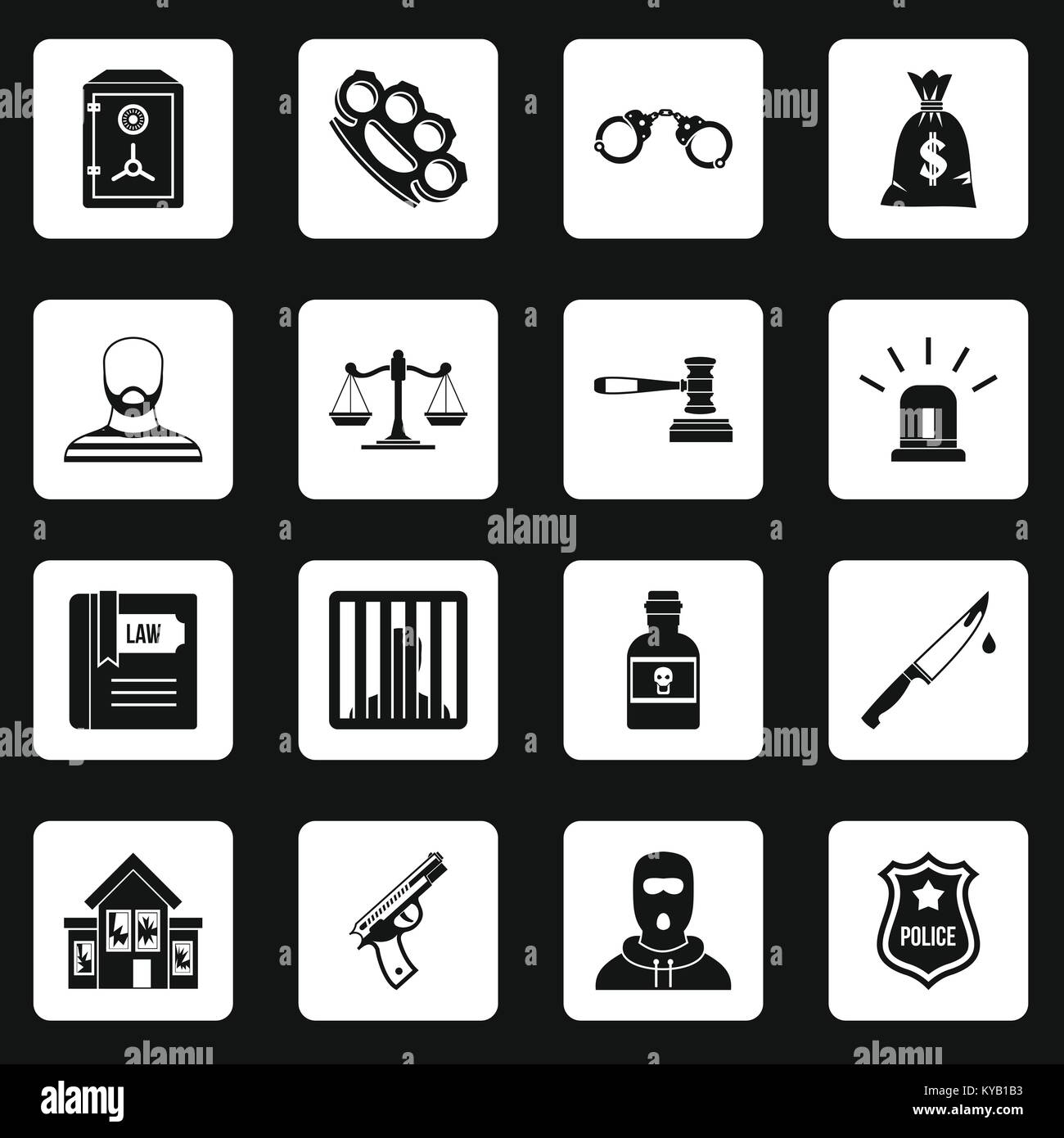 Crime and punishment icons set in white squares on black background ...