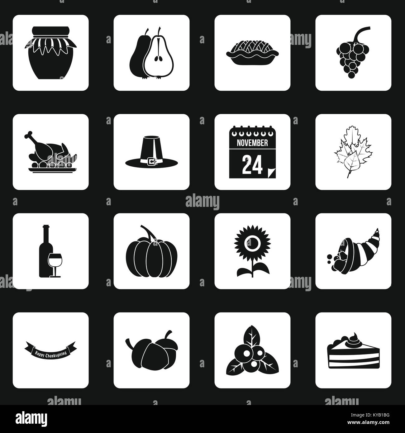 Thanksgiving icons set in white squares on black background simple ...