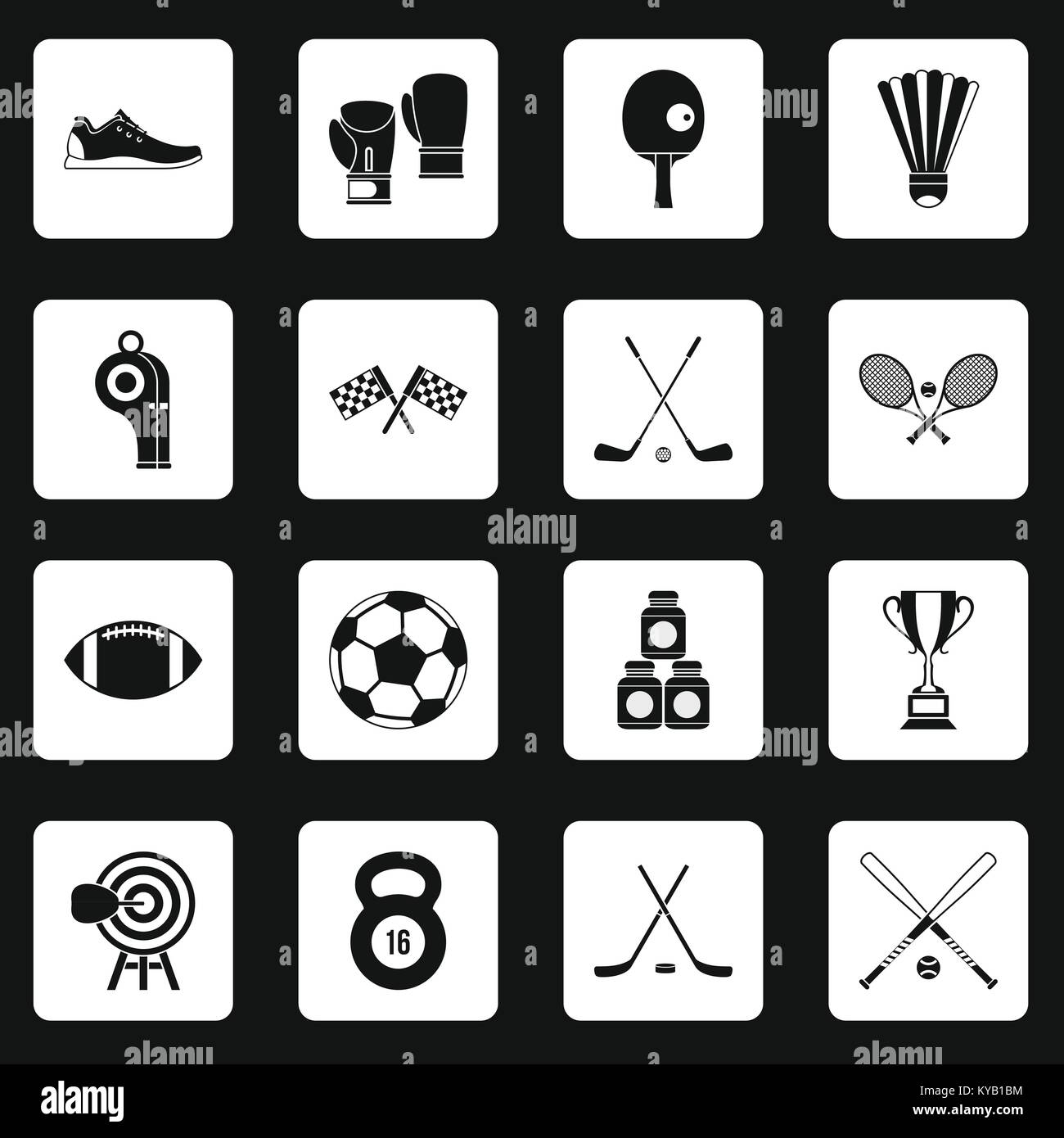 Sport equipment icons set in white squares on black background simple ...