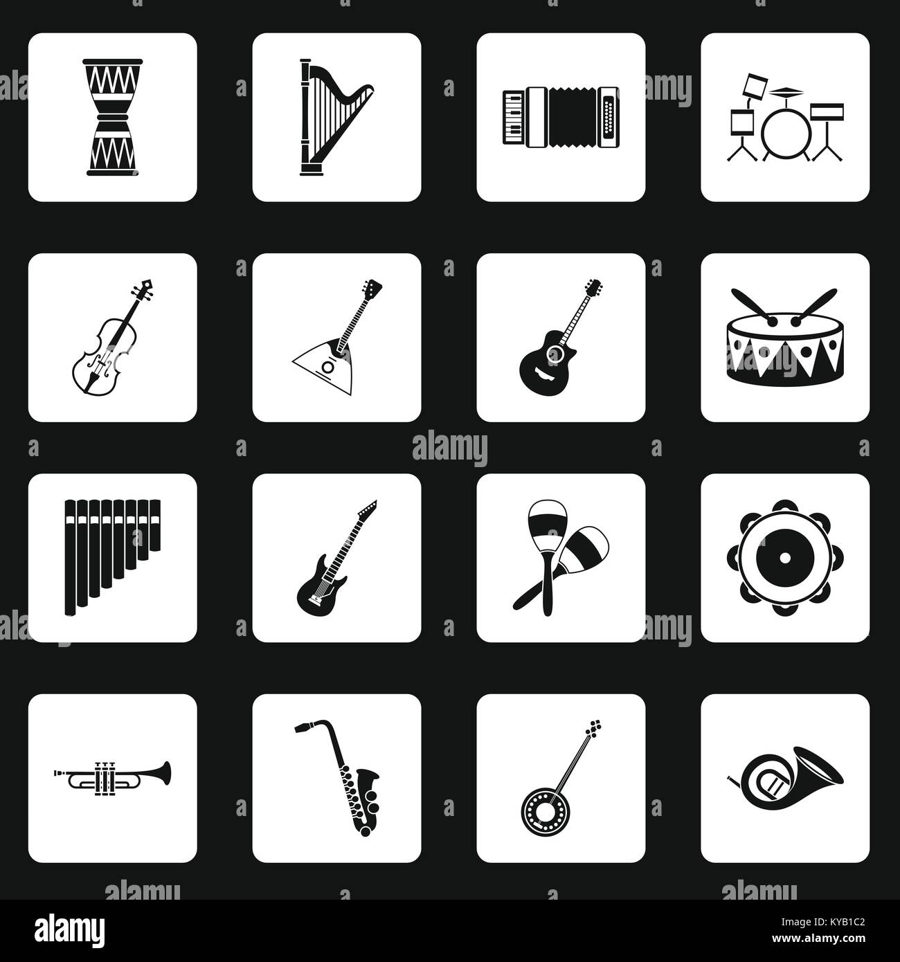 Musical instruments icons set in white squares on black background ...