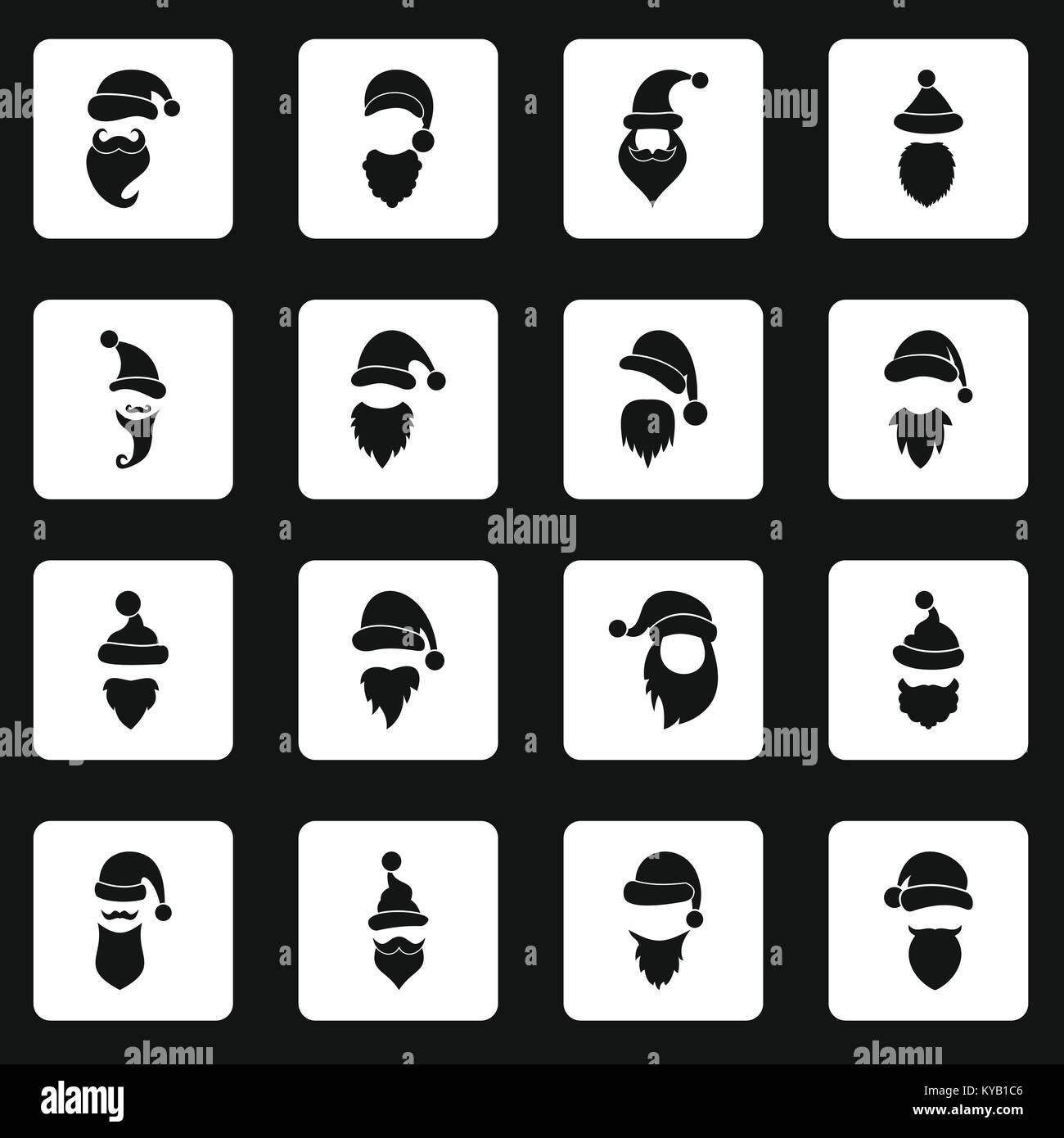 Santa hats, mustache and beards icons set in white squares on black background simple style vector illustration Stock Vector