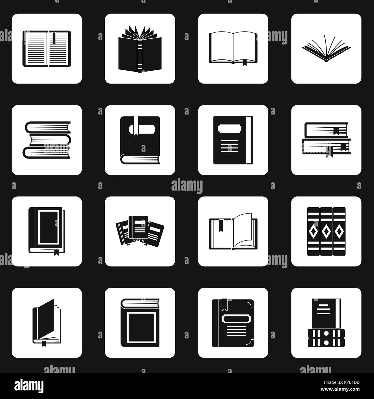 Books icons set in white squares on black background simple style ...