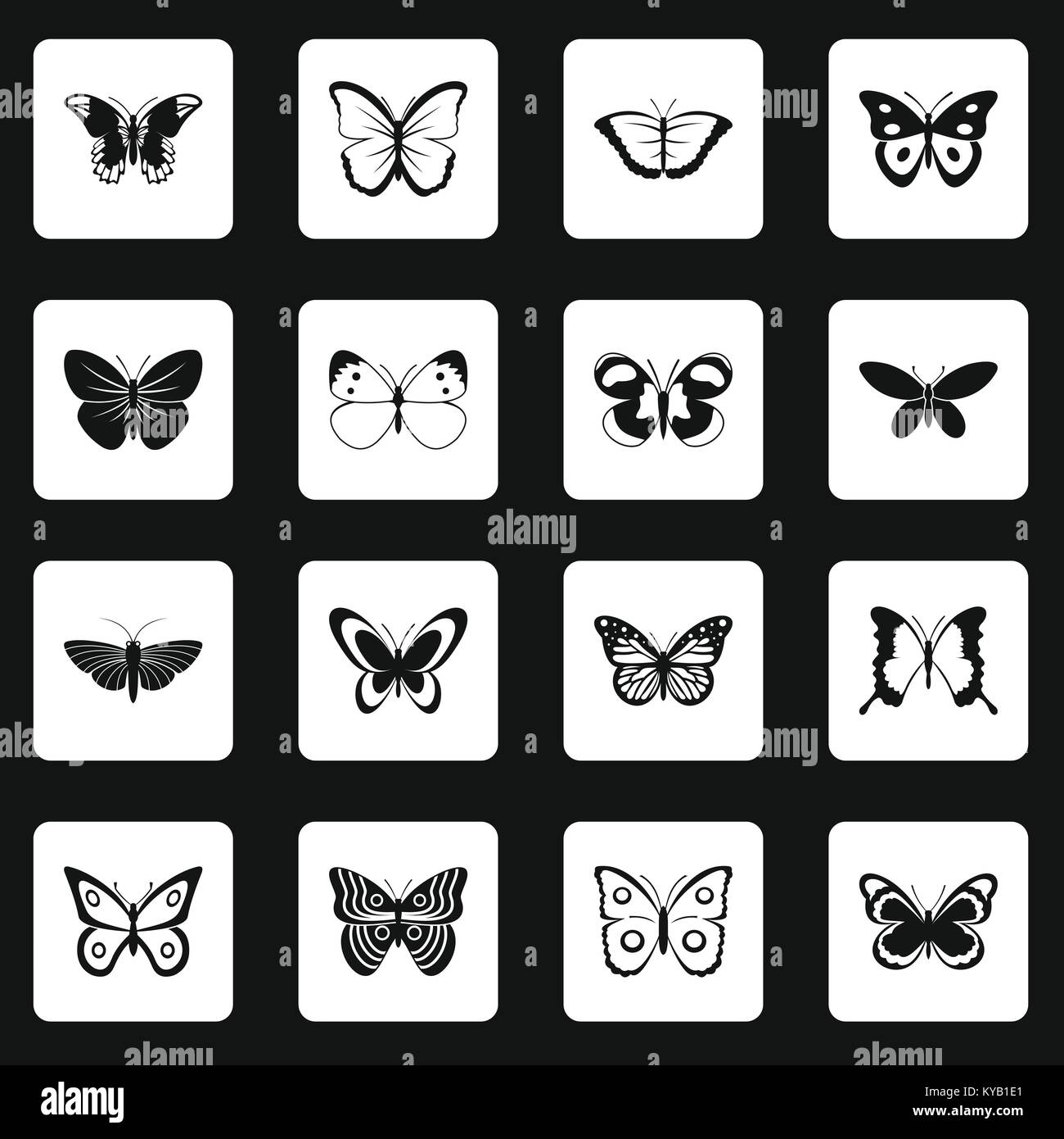 Butterfly icons set in white squares on black background simple style ...