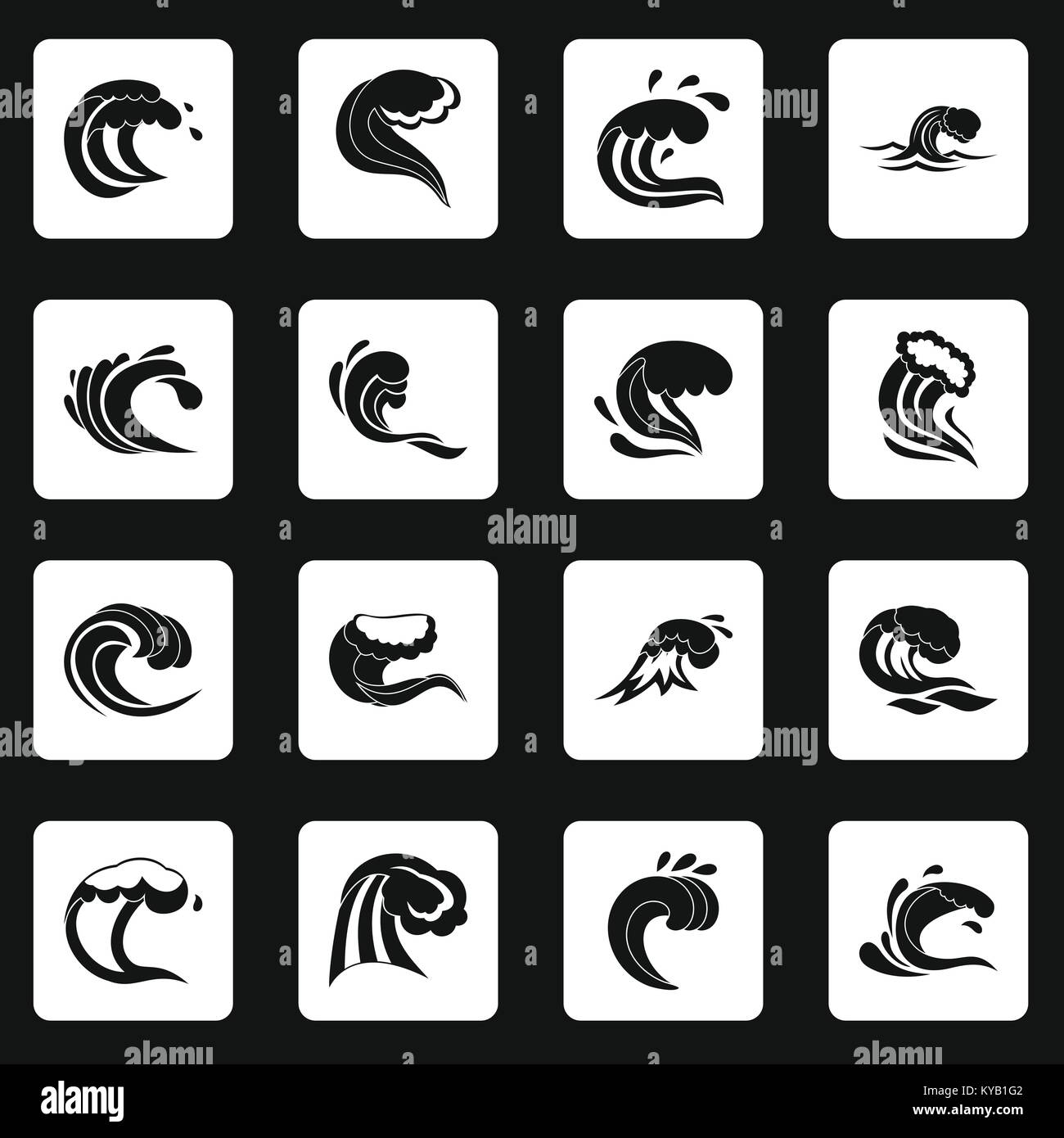 Sea waves icons set in white squares on black background simple style ...