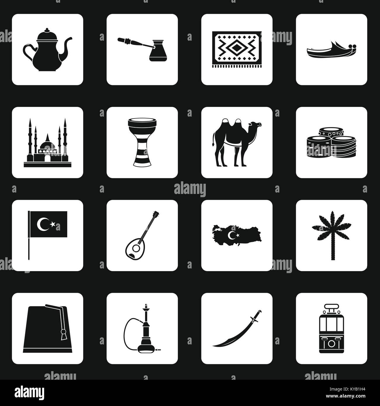 Turkey travel icons set in white squares on black background simple style vector illustration Stock Vector