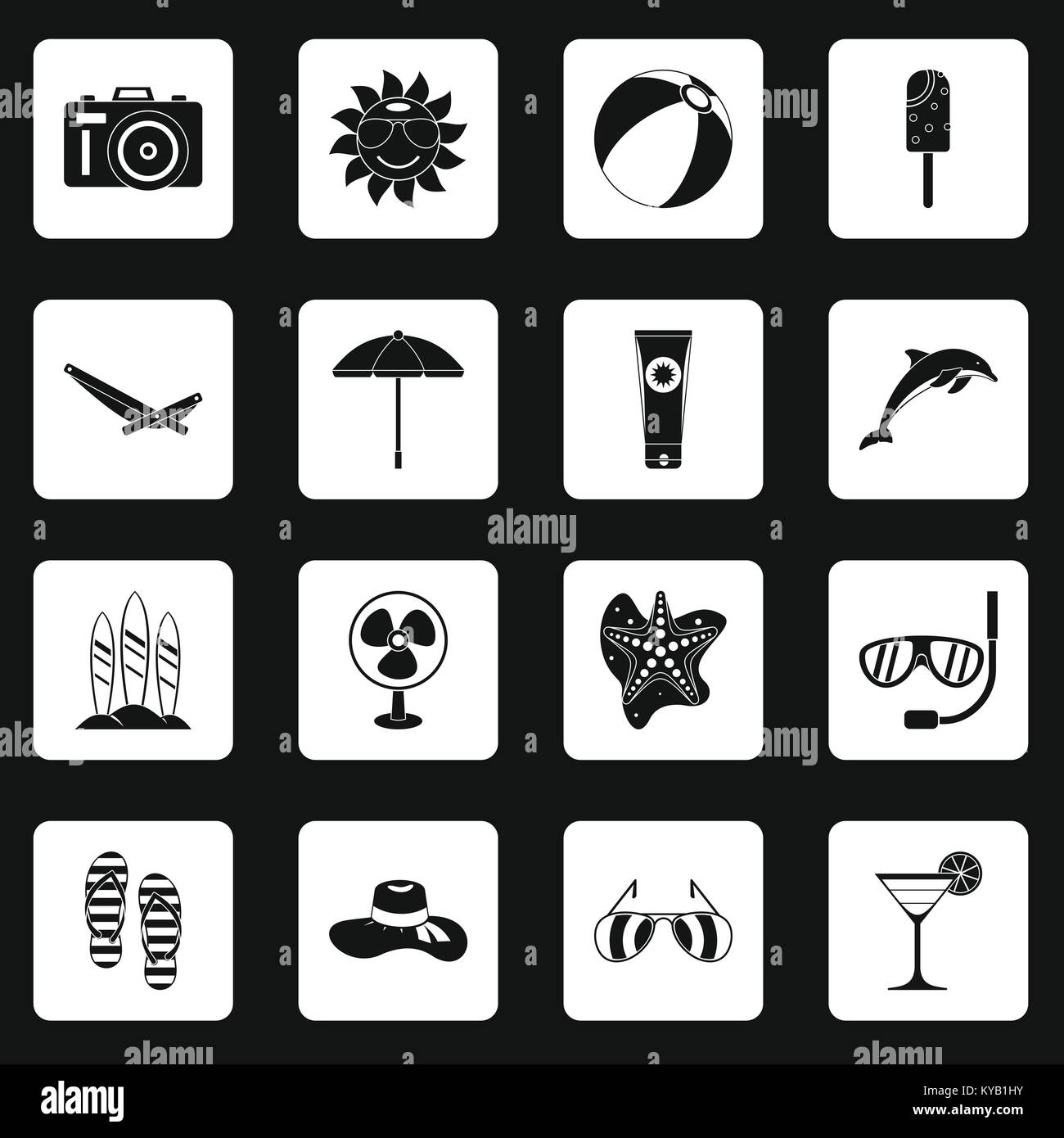 Summer rest icons set in white squares on black background simple style ...