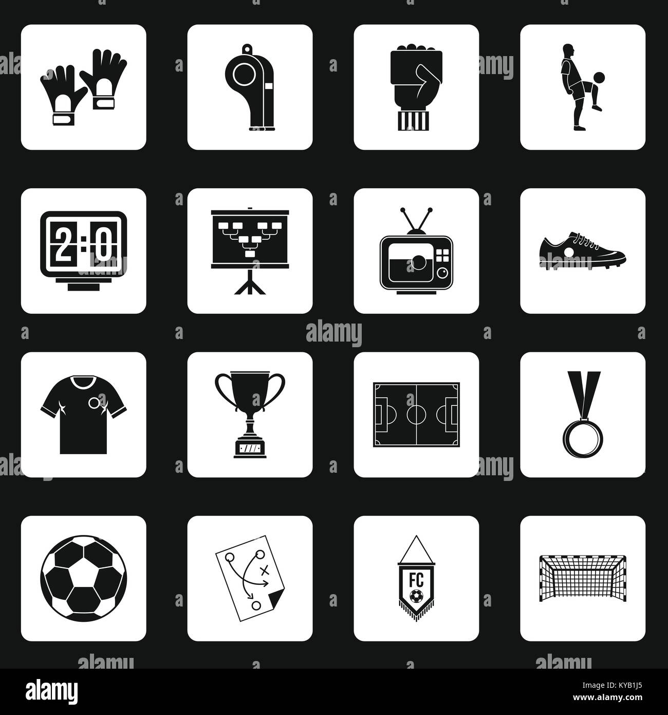 Soccer football icons set in white squares on black background simple ...