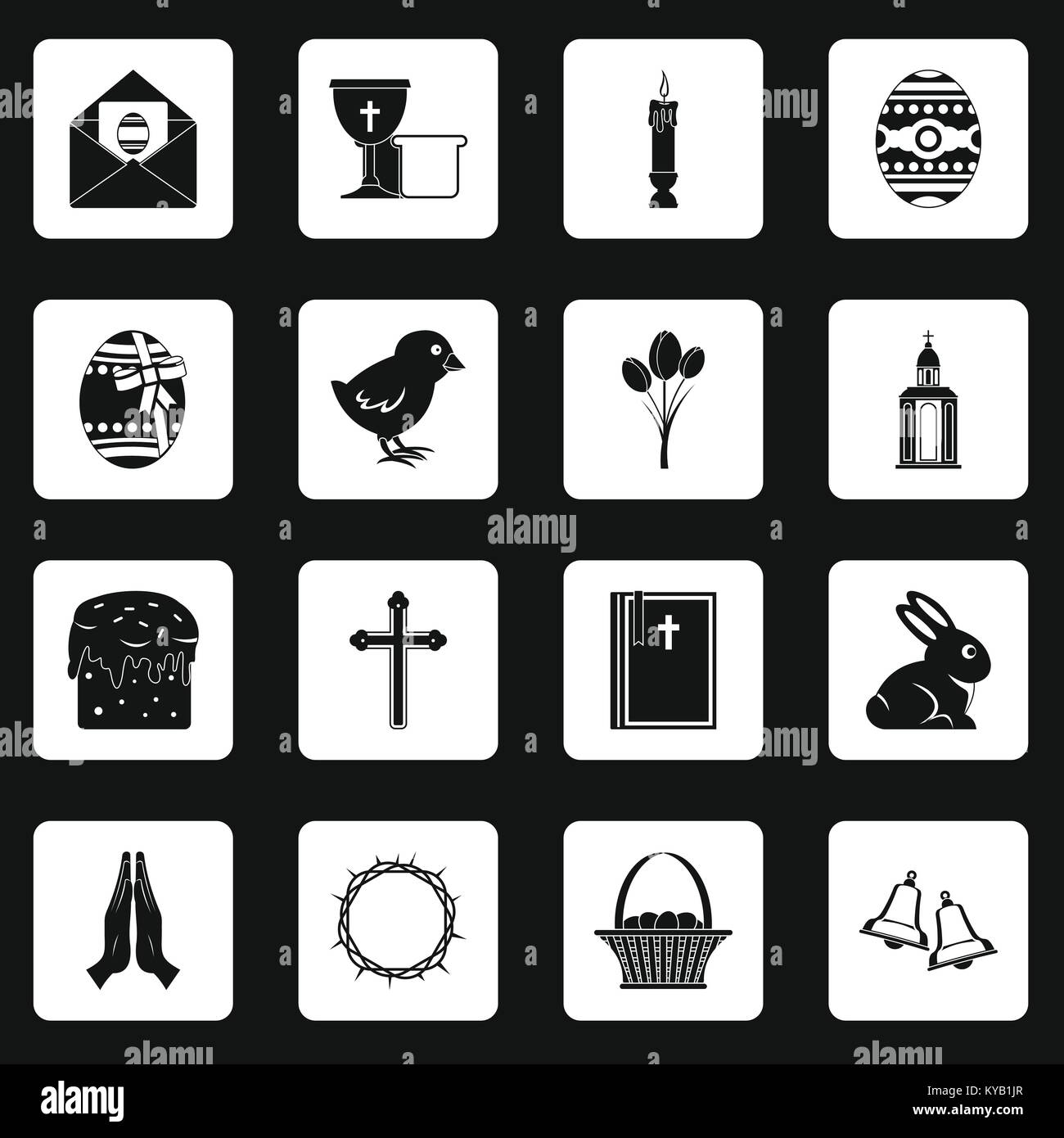 Easter items icons set in white squares on black background simple ...