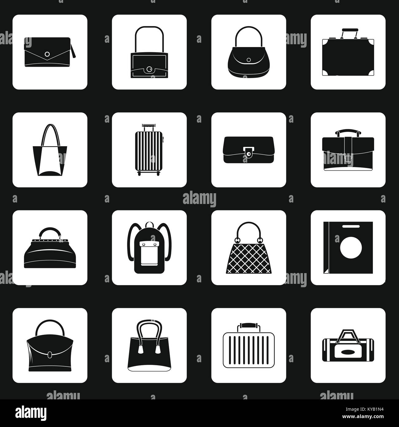 Bag baggage suitcase icons set in white squares on black background ...