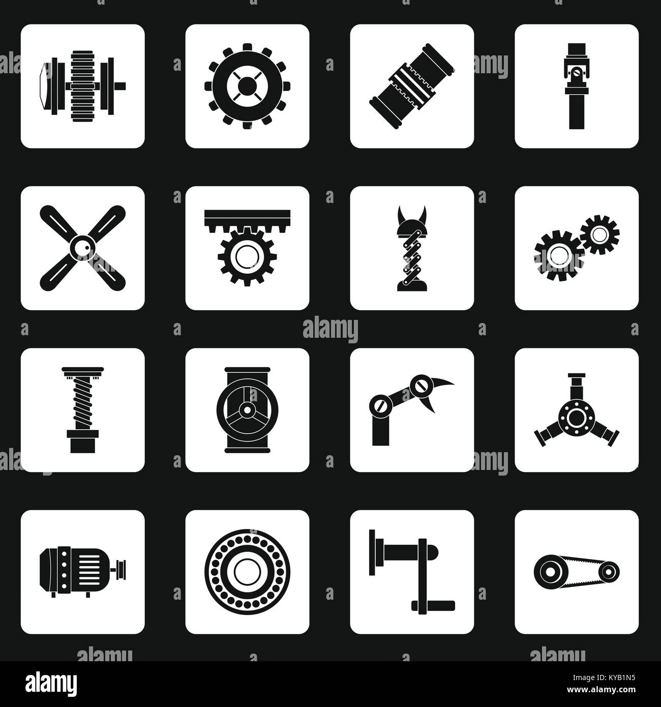 Techno mechanisms kit icons set in white squares on black background simple style vector illustration Stock Vector